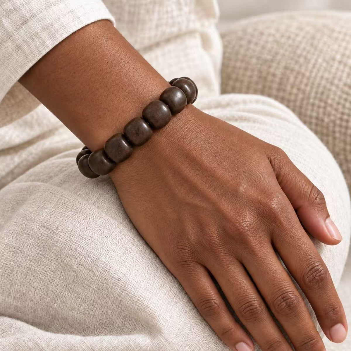 Indian sandalwood bead bracelet worn on the wrist