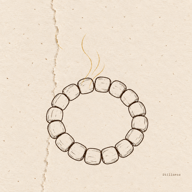 Illustration of an Indian sandalwood bead bracelet with subtle aroma lines