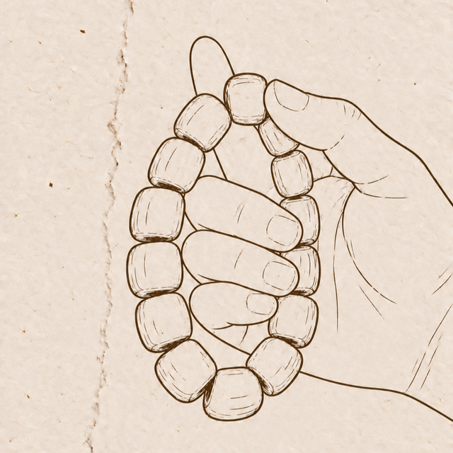 Illustration of a hand moving one bead on a sandalwood bracelet