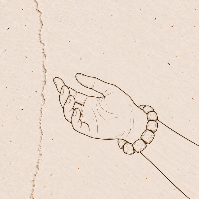 Illustration of a sandalwood bead bracelet worn on the wrist