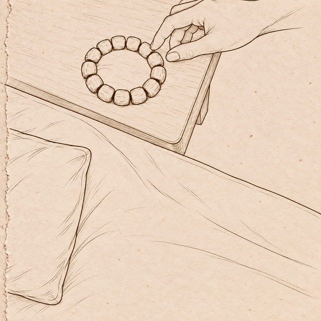 Illustration of a hand reaching for a sandalwood bracelet beside a pillow and book
